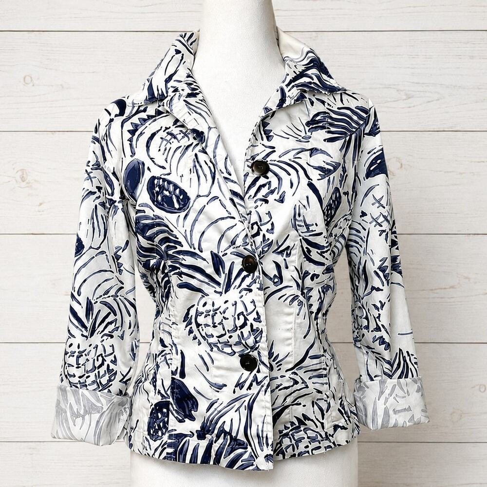 Chico's Tropical Floral Jacket Size 0 (US 2/4) White Blue Preppy Coastal